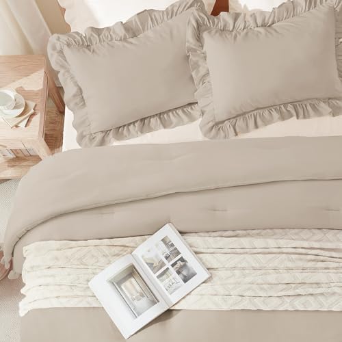 Andency Wheat King Size Comforter Set, 3 Pieces Solid Farmhouse Bedding