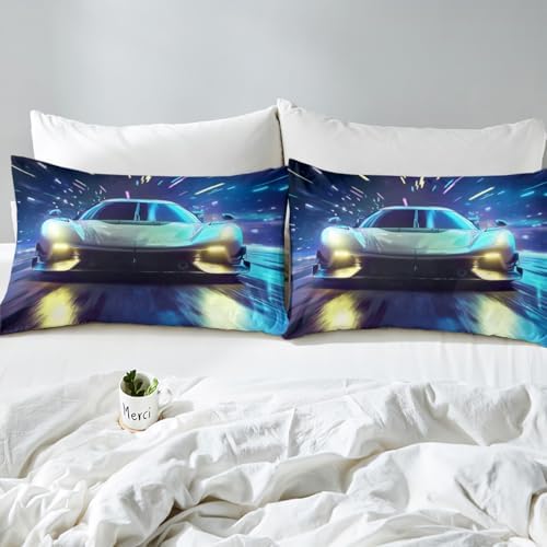 Boys' Race Car Duvet, Cool Sports Car Comforter Set For Men & Women, Extreme Sports Racer Bedding Set Full, Yellow Automobile Quilt Set, 1 Comforter Set With 2 Pillowcases, Lightweight, Blue