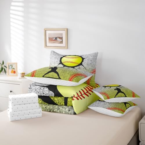Erosebridal Baseball Game Comforter 7 Pieces with Sheets - Boys Sports King Bedding Sets Graffiti Tie Dye Sports Themed Bed in A Bag for Teenage Boy Baseball Room Decor