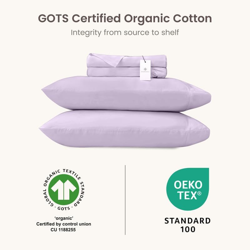 BIOWEAVES 100% Organic Cotton Sheets, 300 Thread Count 4-Piece GOTS Certified Bed Sheet Set Fits Mattress Upto 17" Deep Pocket, Soft & Silky Sateen Weave (King, Lavender)