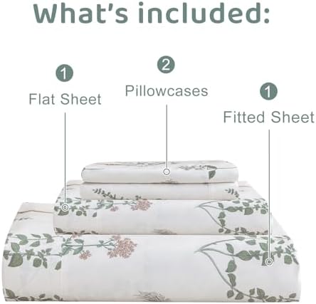 QSH Floral King Size Sheet Sets - 100% Egyptian Cotton Floral Bedding Sheets Flower Pattern Printed Bedding King Size Bed Sheets 17.5" Extra Deep Pocket 4pcs