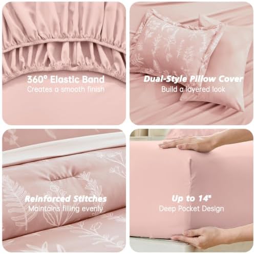 MUXHOMO Cameo Pink Cal King Comforter Set, Elegant Floral Print Bed in a Bag 7 Pieces, Ultra Soft & Breathable Reversible Botanical Pattern Bedding Set with Comforter, Sheets, Pillowcases, and Shams