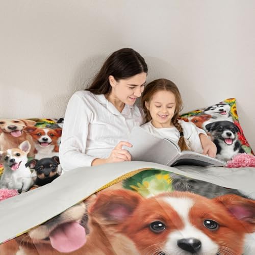 Dog Bedding Set for Boys Girls Kids Kawaii Room Decor Comforter Set Cute Pet Puppy Quilt Set Toddler Lovely Kawaii Pug German Shepherd Bedding Bedroom Collection 3Pcs Queen Size, with 2 Pillowcases