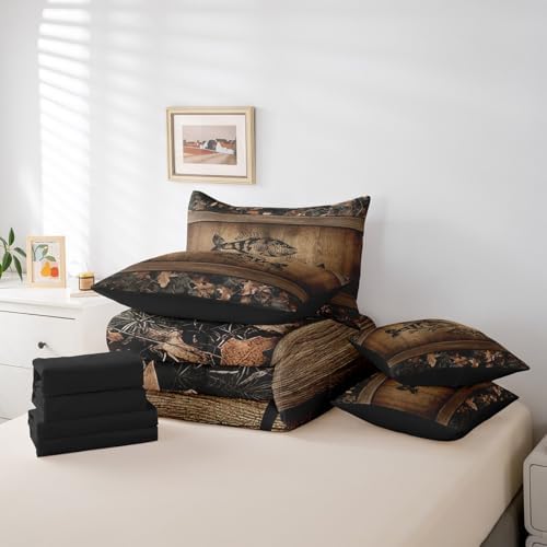 Erosebridal Camo Bass Fish 7 Piece Bed in A Bag Fishing Bass Big Fish Bedding Set Full Rustic Farmhouse Lake House Comforter Set for Boys Men,Retro Tree Camouflage Cabin Sheet Set with Comforter