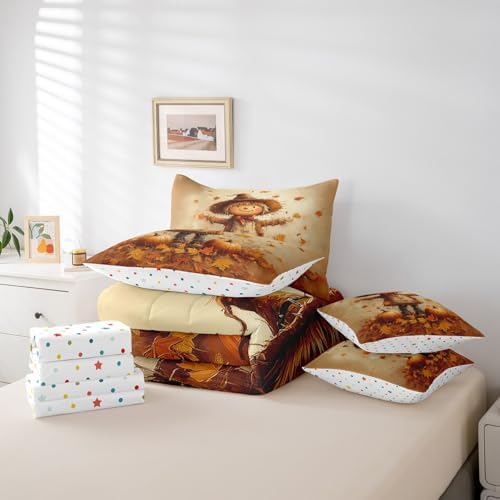 Erosebridal Autumn Farm Twin Comforter Set 7 Piece for Kids Boys Girls Scarecrow Fall Harvest Bed in A Bag with Sheets Pumpkin Maple Leaf Print Bedding Set Brown Retro Bed Set Room Decor