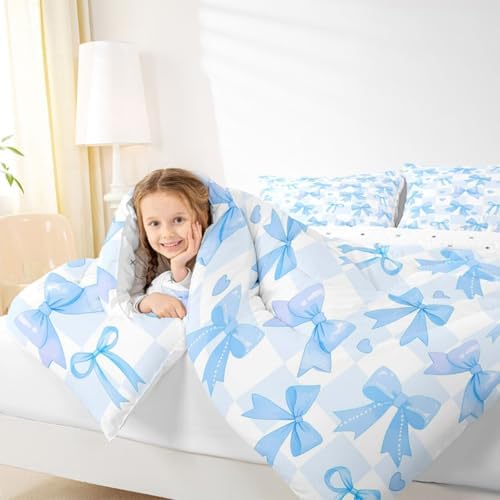 jejeloiu Watercolor Bow Comforter Set Toddler Size Blue Bow Bedding Set for Kids Boys Girls Dreamy Princess Style Duvet Quilt Bedroom Decor Microfiber 2 Pcs with 1 Pillow Cases