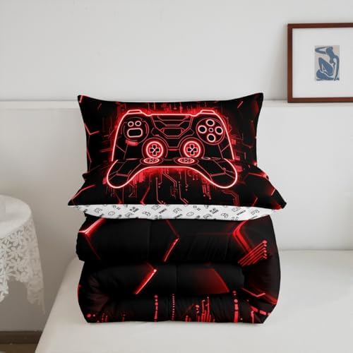 Feelyou Kids Red Gamer Comforter Toddler Size, Honeycomb Gaming Comforter Set Boys Girls Modern Game Console Bedding Set Gamepad Teens Duvet Set Bedroom Decor 2Pcs