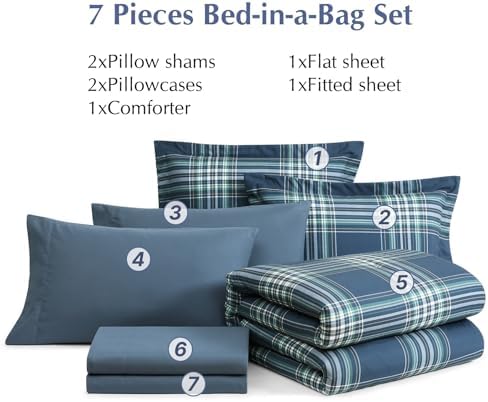 Plaid Queen Comforter Set 7 Pieces Bed in a Bag for Boys Girls Teen