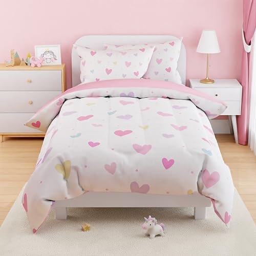 SANDJEST Heart Comforter Set Twin Size 68x86in for Kids Girls, Microfiber 3 Pcs Bedding Set Includes 1 Comforter, 1 Pillowcase, 1 Fitted Sheet, Nursery Room Decor