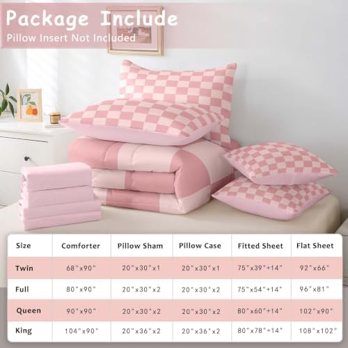 Feelyou Checkered Retro 7 Piece Bedding Set Teen Women Men Pink Gradient Plaid Comforter Set with Sheets King Size Kids Boys Geometric Vintage Bed in a Bag Modern Simple Groovy Aesthetic Room Decor