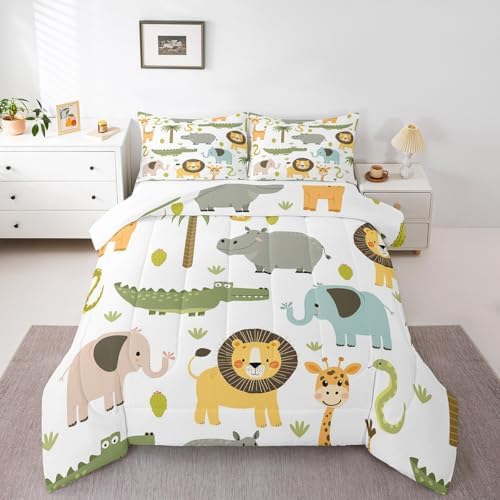 Feelyou Wild Animals Comforter Set Safari Animals Print Comforter for Boys Girls Teens Cute Hippo Crocodile Lion Bedding Set Kids Cartoon Elephant Giraffe Duvet Set Room Decor Quilt Set Queen Size