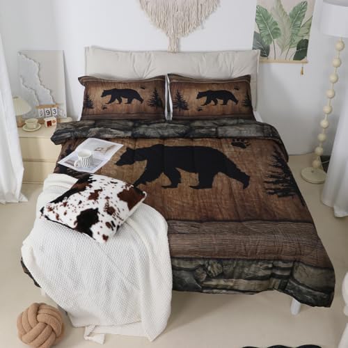 Rustic Bear Comforter Set Twin Size,Wild Animal Hunting Bedding Set 2pcs,Farmhouse Cabin Vintage Woodland Wildlife Down Comforter for All Season,Kids Boys Teens Room Decor,1 Pillowcase,No Sheets