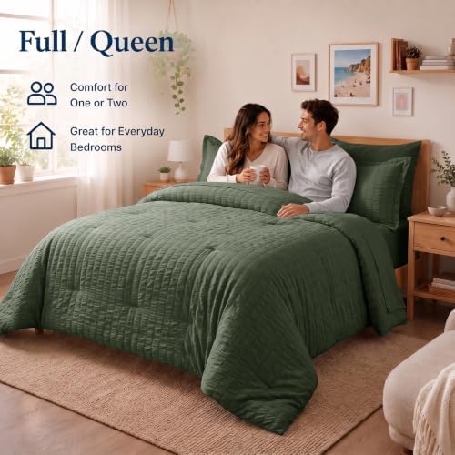 CozyLux Full Size Comforter Set 7 Pieces Dark Green Seersucker Bed in a Bag