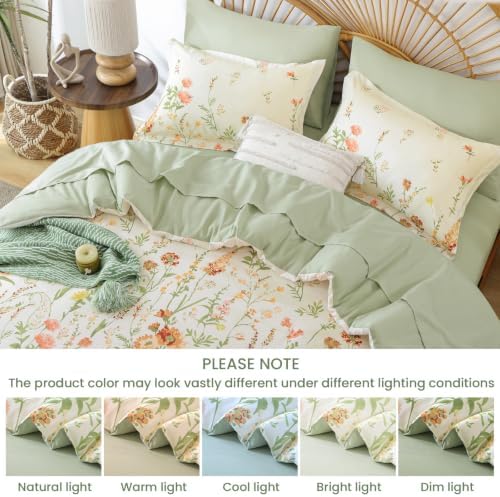 Yiran Beige Floral Comforter Set Full Size, 7 Piece Cute Comforters Bed in a Bag Khaki Flower, Soft Coquette Cottagecore Aesthetic Botanical Bedding Set with Sheets for Women Teen Girls