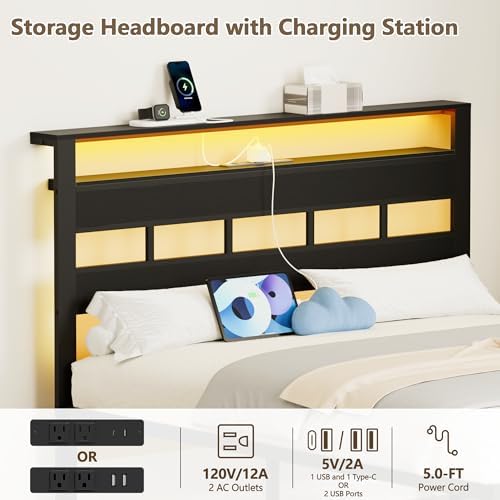 Furnulem Queen Bed Frame with Storage Headboard and LED Lights, Black Oak