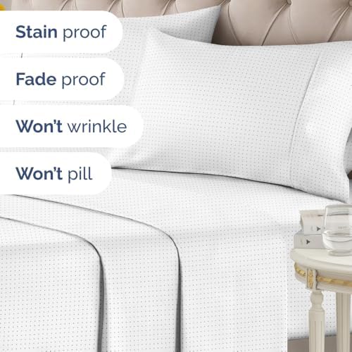 Queen 4 Piece Striped Sheet Set - Breathable & Cooling - Light Blue Dots