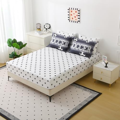 Boys Sports 7 Piece Soccer Comforter Set Queen Size 3D Football Playground Bedding Set for Kids Comforter Gray(Comforter,Flat Sheet,Fitted Sheet and Pillow Sham)