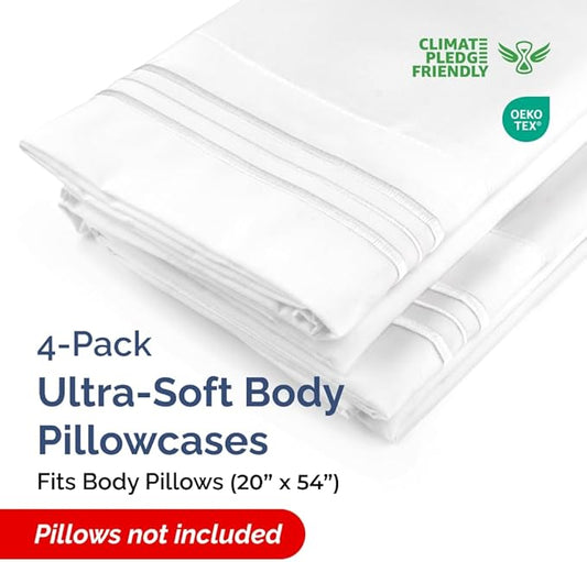 Body Pillowcases Set of 4-20x54 Long Body Pillow Case - Soft Body Pillow Cover for Sleeping & Side Sleepers - Comfy, Cozy Breathable & Fade Free - Machine Washable w/Envelope Enclosure - (White)