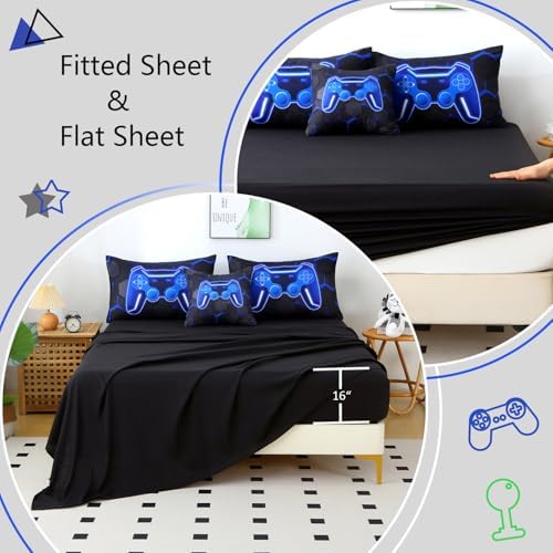 6 Pieces Boys Full Size Bedding Set Blue Gaming Comforter Set with Sheets 3D Honeycomb Gamer Bed in A Bag Game Console Printed Kids Bed Sets for Teen Boy (Black Blue, Full)