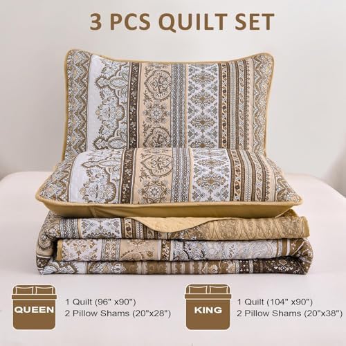 WONGS BEDDING Boho Quilt King Size,3 Pcs Brown Bedspread Bedding Set