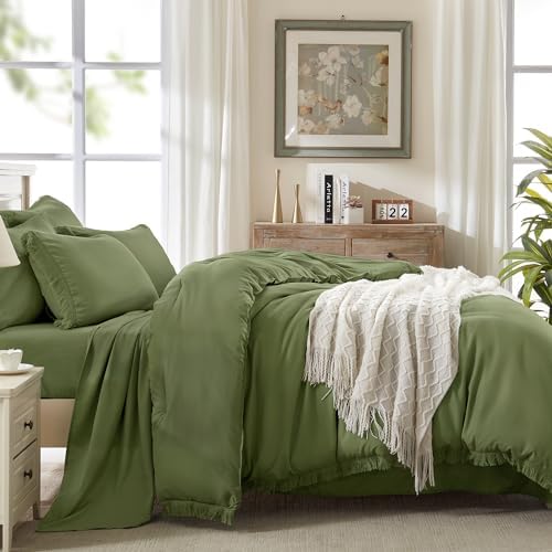 Andency California King Comforter Set, 7 Pieces Olive Green Bedding
