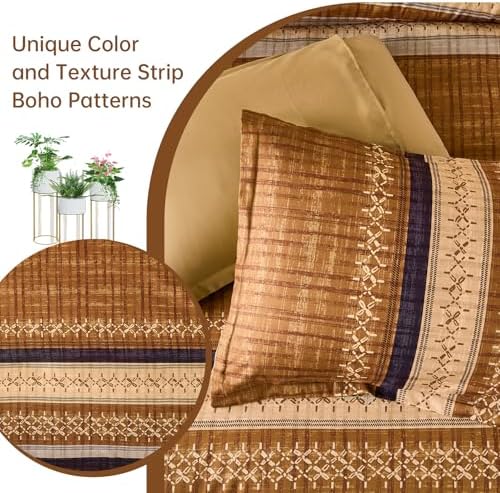 Dintszyayue Boho Queen Comforter Size Set, 8 Pieces Striped Texture Gold Purple Bed in a Bag Sets, Lightweight Soft Bohemian Comforter and Sheet Set, All Season Microfiber Bedding Sets for Men Women