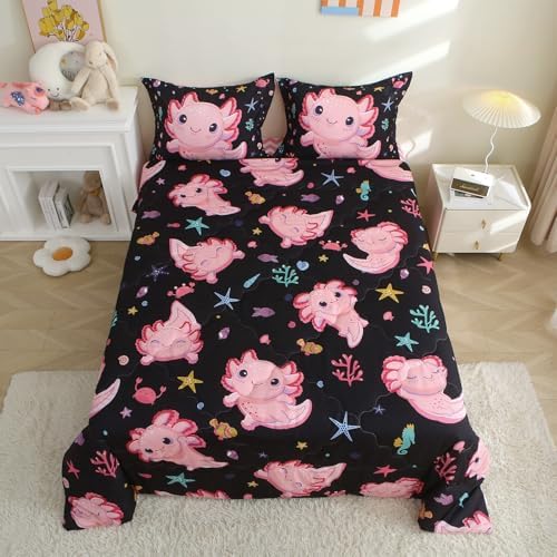 7 Piece Girls Axolotl Bedding Comforter Set for Kids Queen Size Kawaii Axolotl Bed in A Bag for Teen 3D Animals Colorful Bed Set Black