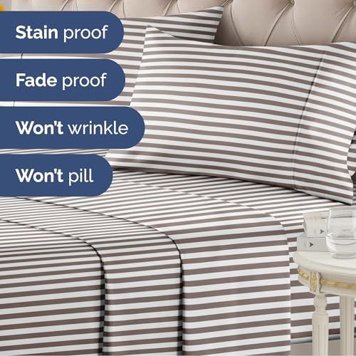 Full 4 Piece Striped Sheet Set - Soft, Breathable & Cooling - Brown Stripe