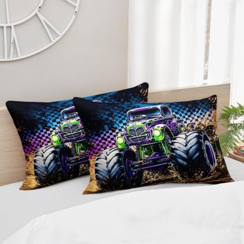 AILONEN Queen Comforter Set 3 Piece, Purple Green Off Road Truck 3D Printed Bedding with 2 Pillowcases, Soft Lightweight Microfiber Mud Trail Decor for Master Suite