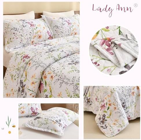 Lady Ann 100% Cotton Floral Twin Quilt Set, Yellow Flower Botanical Pattern Quilted Bedspread Set, 68x86 Wild Floral Coverlet with 1 Pillow Sham, Lightweight Ultra Soft All Season Bedding
