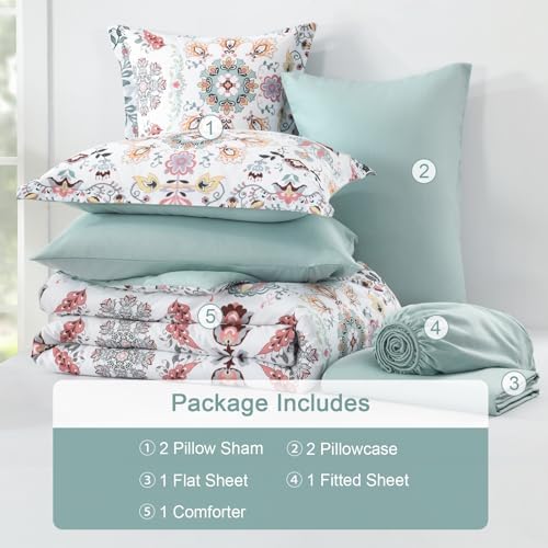 DHSFKBE Boho Comforter Set King - 7 Pieces Bed in a Bag Floral Design, Bohemian Comforter Set with Sheets, Soft Microfiber Complete Bedding Sets All Season (Light Green, King)