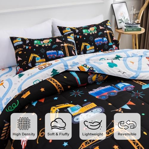 Holawakaka Boys Construction Truck Full Comforter Set with Sheets 5 Pieces