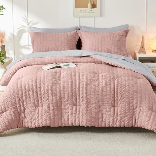 HYMOKEGE Rose Gold/Light Grey Full Size Comforter Sets Seersucker 7 Pieces, All Season Luxury Bed in a Bag for Bedroom, Bedding Set with Comforter, Sheets, Pillowcases & Shams