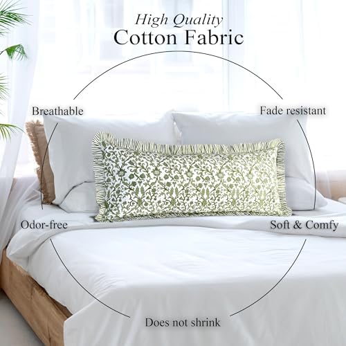 CPC Block Print Meadow Vine Ruffle Cotton Lumbar Pillow Cover 14x36 inch