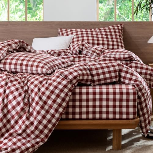 MooMee Gingham Duvet Cover Set 100% Washed Cotton Linen Like