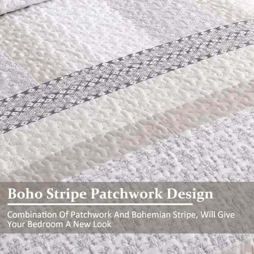 WONGS BEDDING Patchwork Quilt Set Full, Beige Bohemian Striped Bedspread