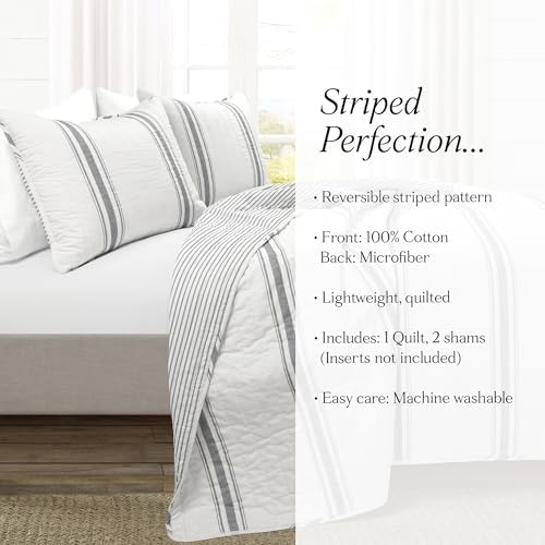 Lush Decor Farmhouse Stripe Reversible Cotton Quilt Queen Size 3 Piece Set Full/Queen Dark Gray - Farmhouse Bedding Set Queen Quilt - Striped Bedding