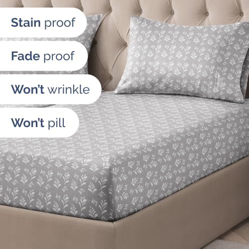 Split King 5 Piece Floral Sheet Set - Breathable & Cooling - Gray Sprig