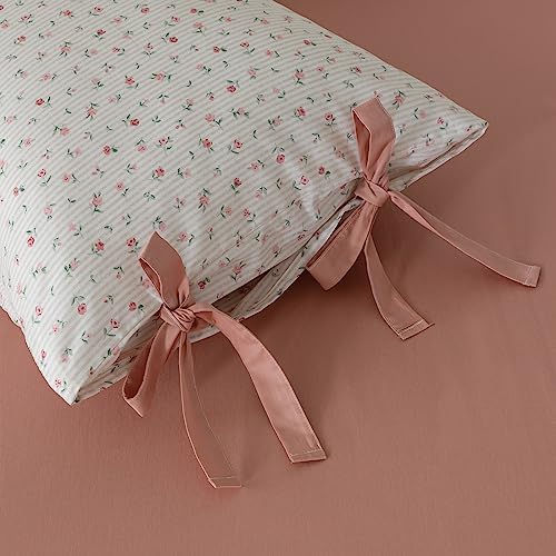mixinni White Flower Pattern Duvet Cover King Pink Floral Stripes Duvet Cover Set 100% Cotton Bedding Set with Zipper Ties Bow Tie Pillowcases, Easy Care, Ultra Soft and Breathable-King Size