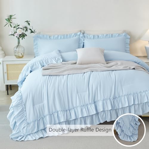 ANGIYUIN 5 Pieces Light Blue Full Bed in A Bag for Girls Ruffle Bedding Sets Farmhouse Fluffy Comforter Set Soft Lightweight Bed Sets for Women Girls(Light Blue Full)