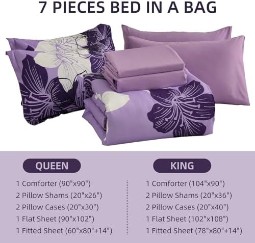 Luxudecor Floral Comforter Set King, 7 Pieces Lavender Purple Bedding Set