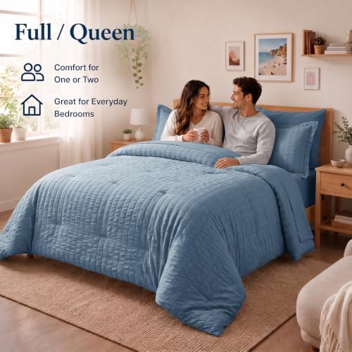 CozyLux Queen Comforter Set, 7 Pieces Grayish Blue Seersucker Bed in a Bag