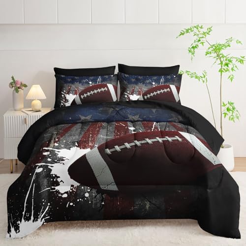 7Pcs Comforter Set American Football Printed Bedding Set with 1 Comforter, 1 Flat Sheet, 1 Fitted Sheet and 4 Pillowcases for Boys and Girls Bedroom All Season(Football Queen