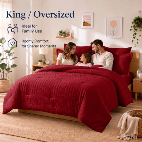 CozyLux Oversized King Comforter Set 120x98 in, 7-Piece Dark Red Seersucker
