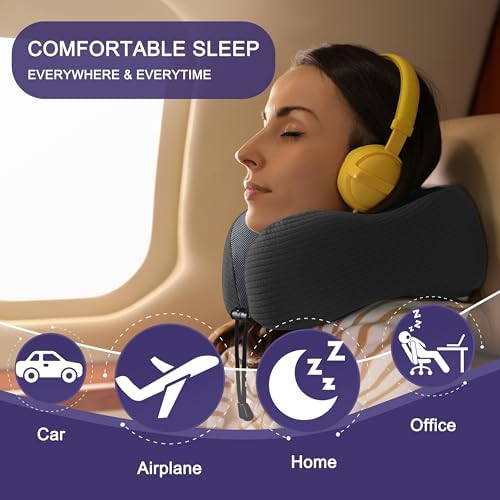 napfun Neck Pillow for Travel, Memory Foam Airplane Pillow, Charcoal Black