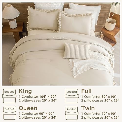 Masaca Ruffle Comforter Full Size,Farmhouse Shabby Boho Chic Ruffled Bedding Sets Full,3PCS Vintage Rustic Soft Microfiber Comforter Set Women Girls French Country Cozy Bedding
