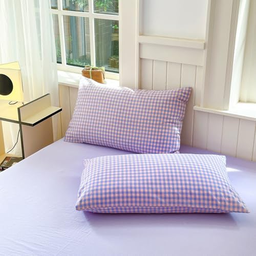 LifeTB Purple Gingham Comforter Set King Modern Plaid Checkered Pattern Comforter Soft Gingham Bedding Set Lightweight Purple Pink Grid Plaid Bedding Comforter Fluffy Checkered Comforter Set