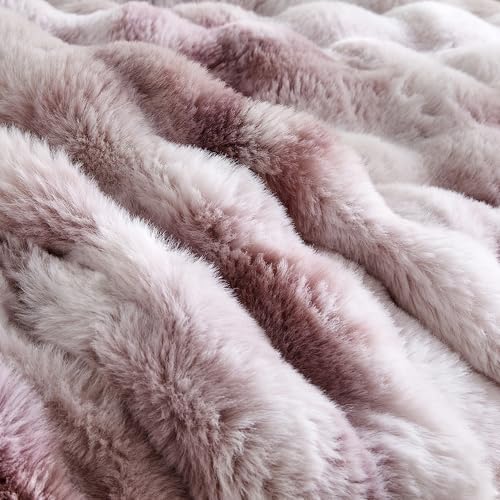 Wonderful - 3 Pieces Faux Rabbit Fur Comforter Set King Size, Purple Pink Tie Dye Plush Bedding Set, 3D Sculpted Bubble Warm Fluffy Comforter for Winter