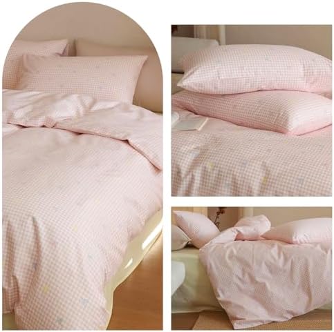 mixinni Gingham Duvet Cover Twin Size, 100% Cotton Light Pink and White Gingham Bedding Set for Girls, Cute Bow Print Soft Aesthetic Cottagecore Bedding 3 Pieces (1 Duvet Cover + 2 Pillowcases)