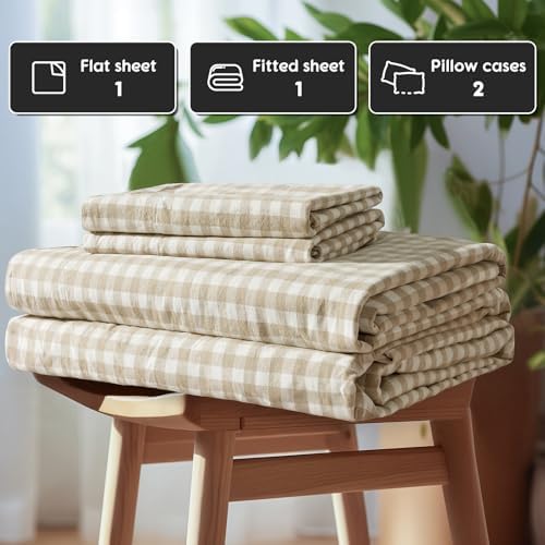 SONORO KATE 100% French Linen Queen Size Sheets Set,Natural Flax Bedding